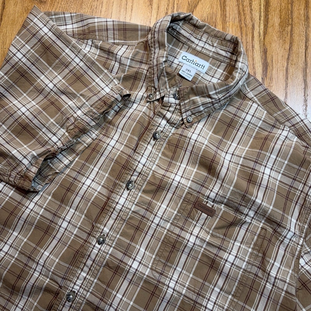 Carhartt Shirt Men's 2XL Brown Plaid Short‎ Sleeve Button Workwear Leather Patch